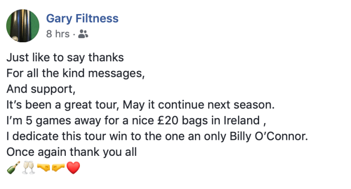Gary Filtness tribute to Billy O'Connor